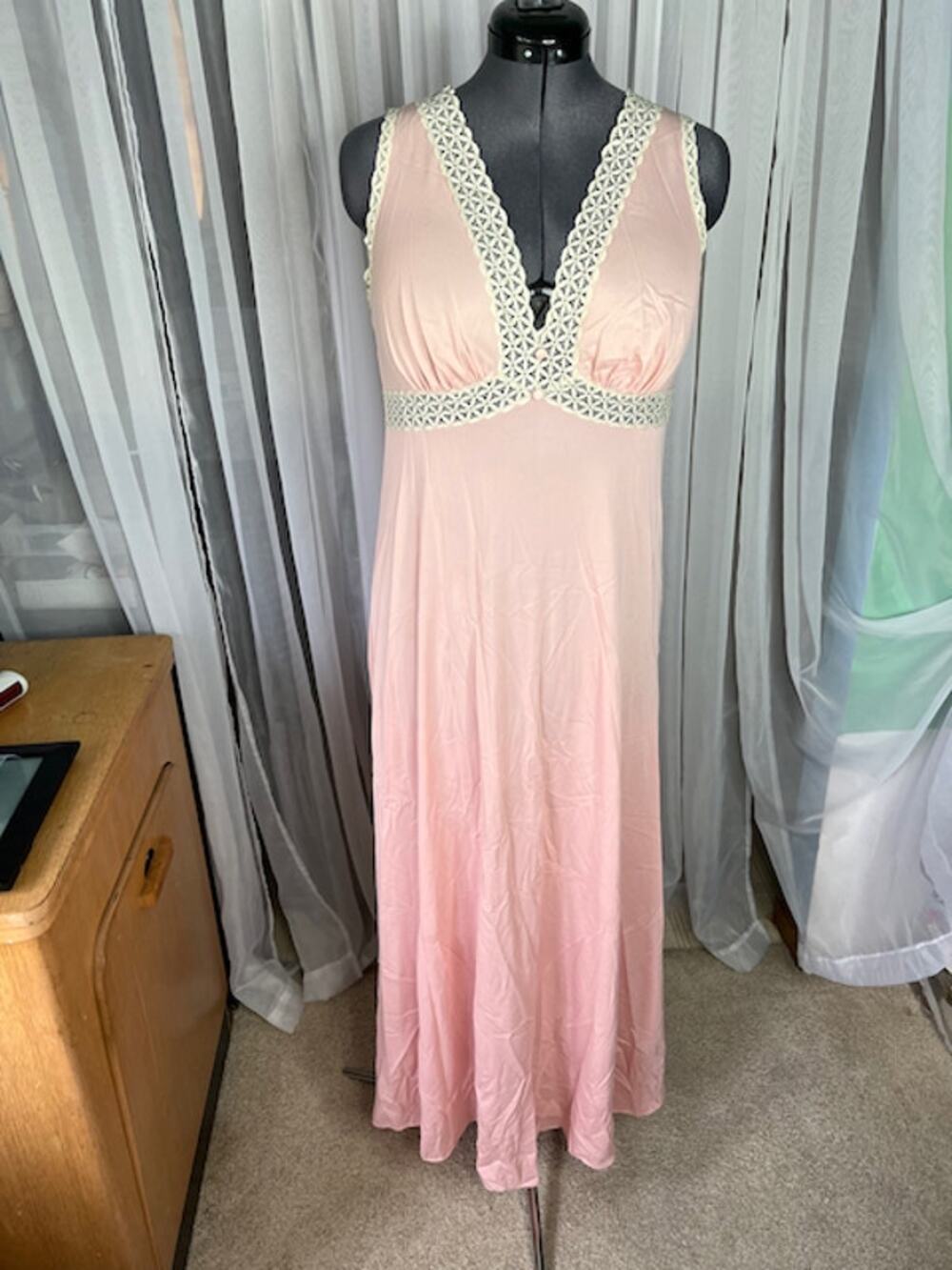 Vanity Fair nightgown satin pink lace V neck 1950s